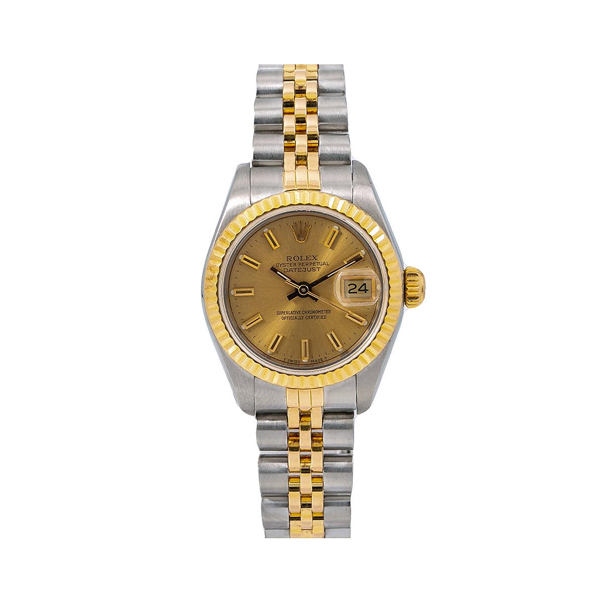 Rolex Datejust Champagne Dial Yellow Gold Fluted Bezel Two Tone Jubilee Bracelet