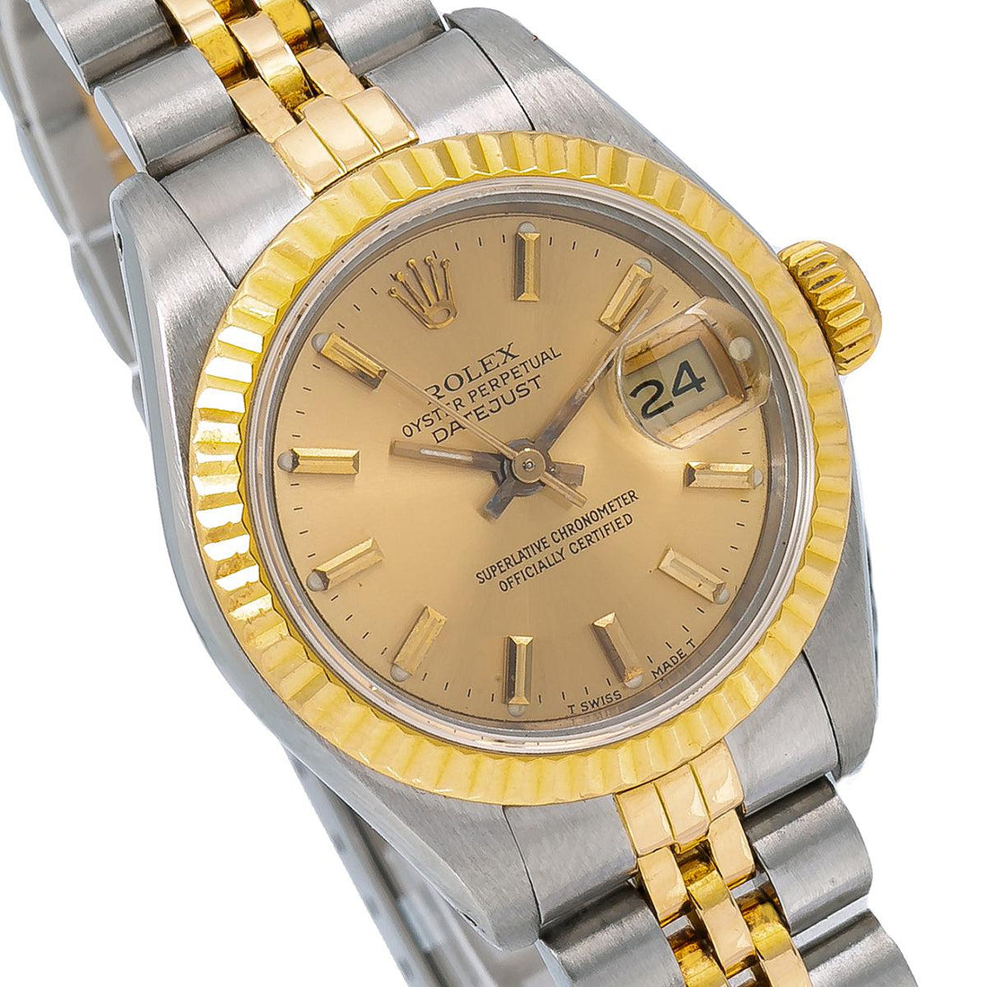 Rolex Datejust Champagne Dial Yellow Gold Fluted Bezel Two Tone Jubilee Bracelet
