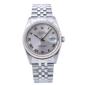 Rolex Datejust Silver Roman Dial White Gold Fluted Bezel Stainless Steel Jubilee Bracelet