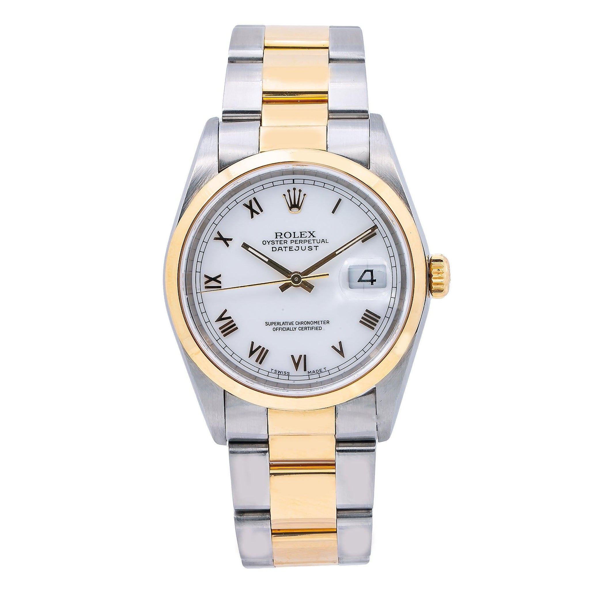 Rolex Datejust White Roman Dial Yellow Gold Smooth Bezel Two Tone Oyster Bracelet
