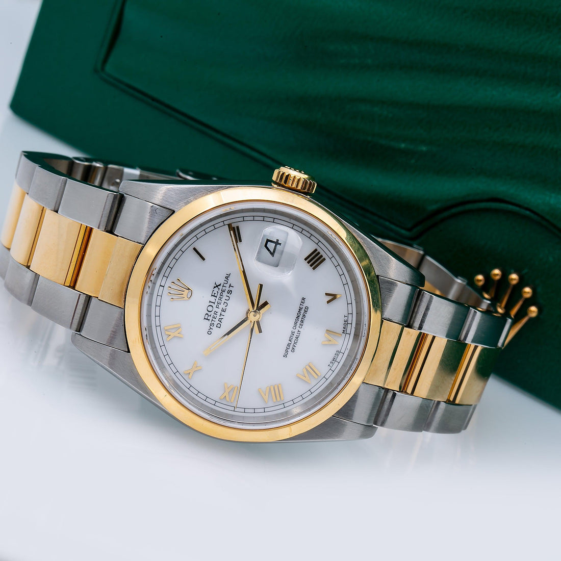 Rolex Datejust White Roman Dial Yellow Gold Smooth Bezel Two Tone Oyster Bracelet