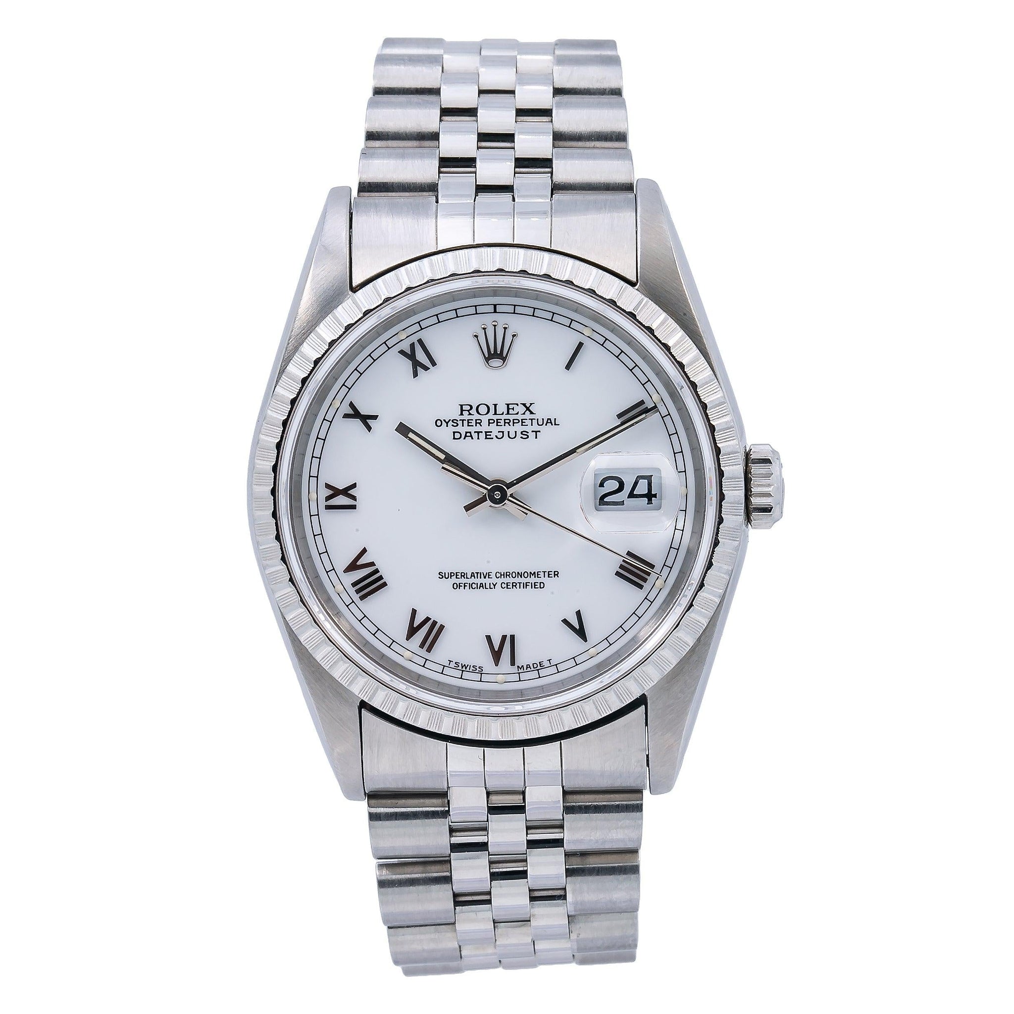Rolex Datejust White Roman Dial Engine Turned Bezel Stainless Steel Jubilee Bracelet