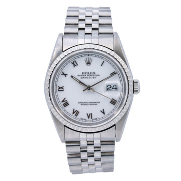 Rolex Datejust White Roman Dial Engine Turned Bezel Stainless Steel Jubilee Bracelet