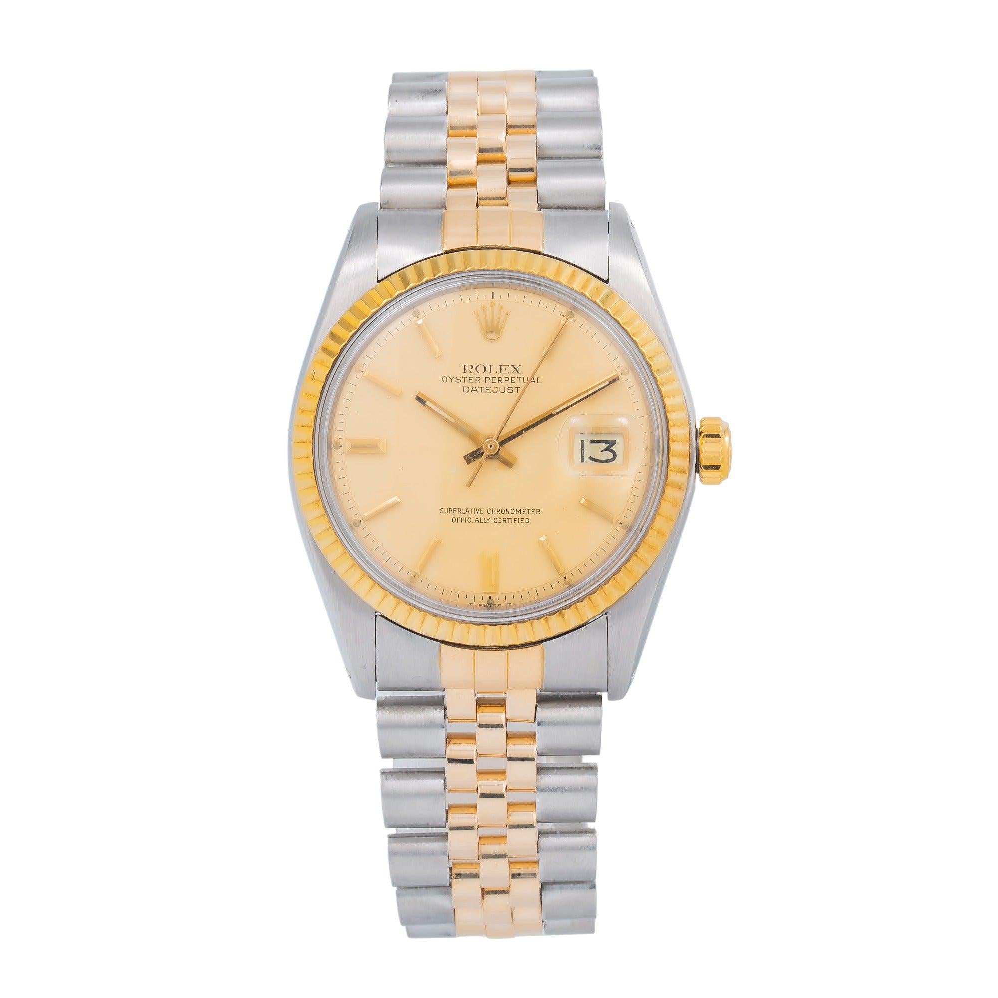 Rolex Datejust Champagne Dial Yellow Gold Fluted Bezel Two Tone Jubilee Bracelet
