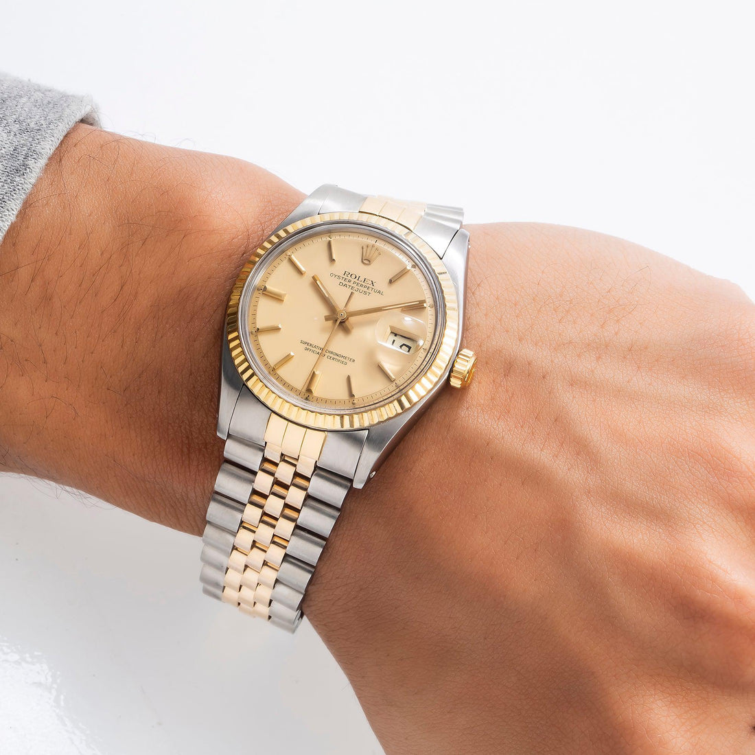 Rolex Datejust Champagne Dial Yellow Gold Fluted Bezel Two Tone Jubilee Bracelet