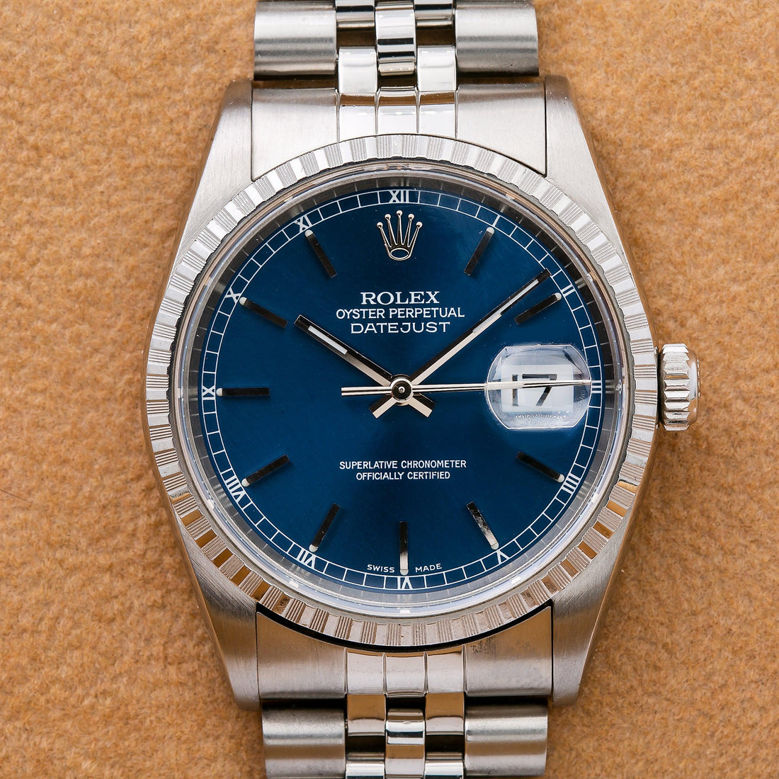 Rolex Datejust Blue Dial Engine Turned Bezel Stainless Steel Jubilee Bracelet