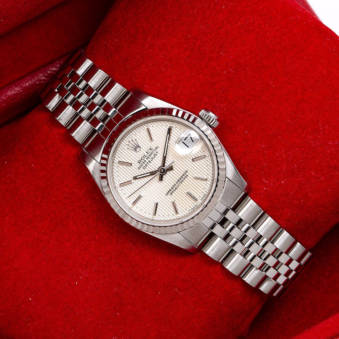 Rolex Datejust Silver Tapestry Dial White Gold Fluted Bezel Stainless Steel Jubilee Bracelet