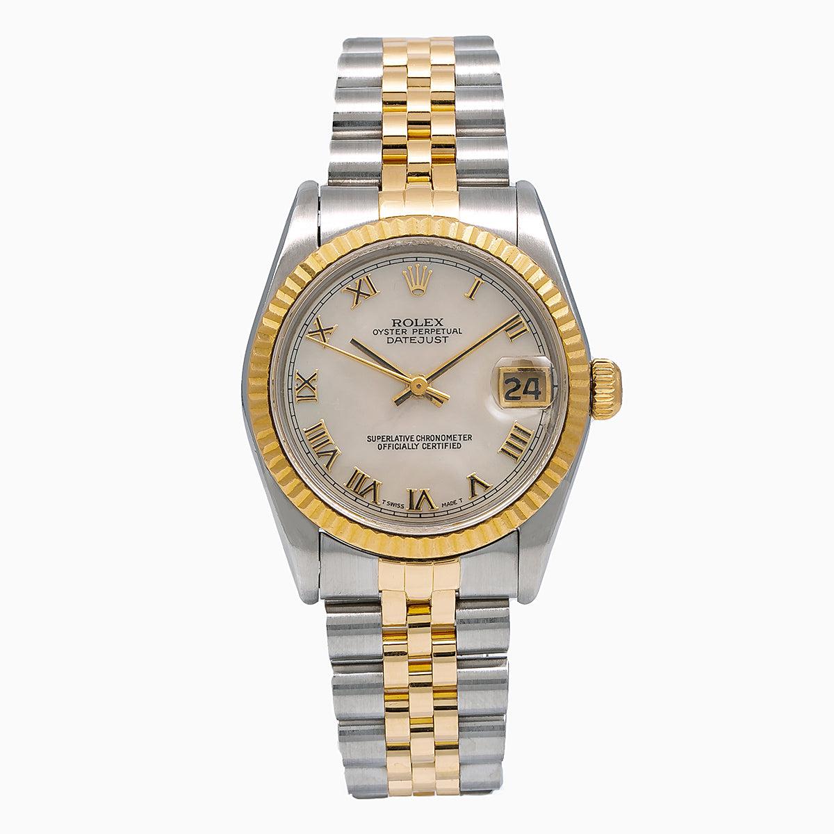 Rolex Datejust Ivory Roman Dial Yellow Gold Fluted Bezel Two Tone Jubilee Bracelet