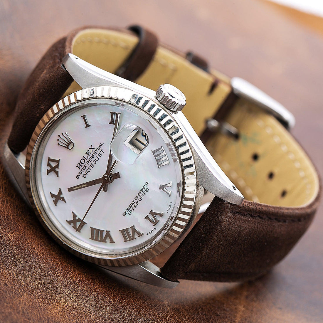 Rolex Datejust White Roman Dial White Gold Fluted Bezel Brown Leather Strap