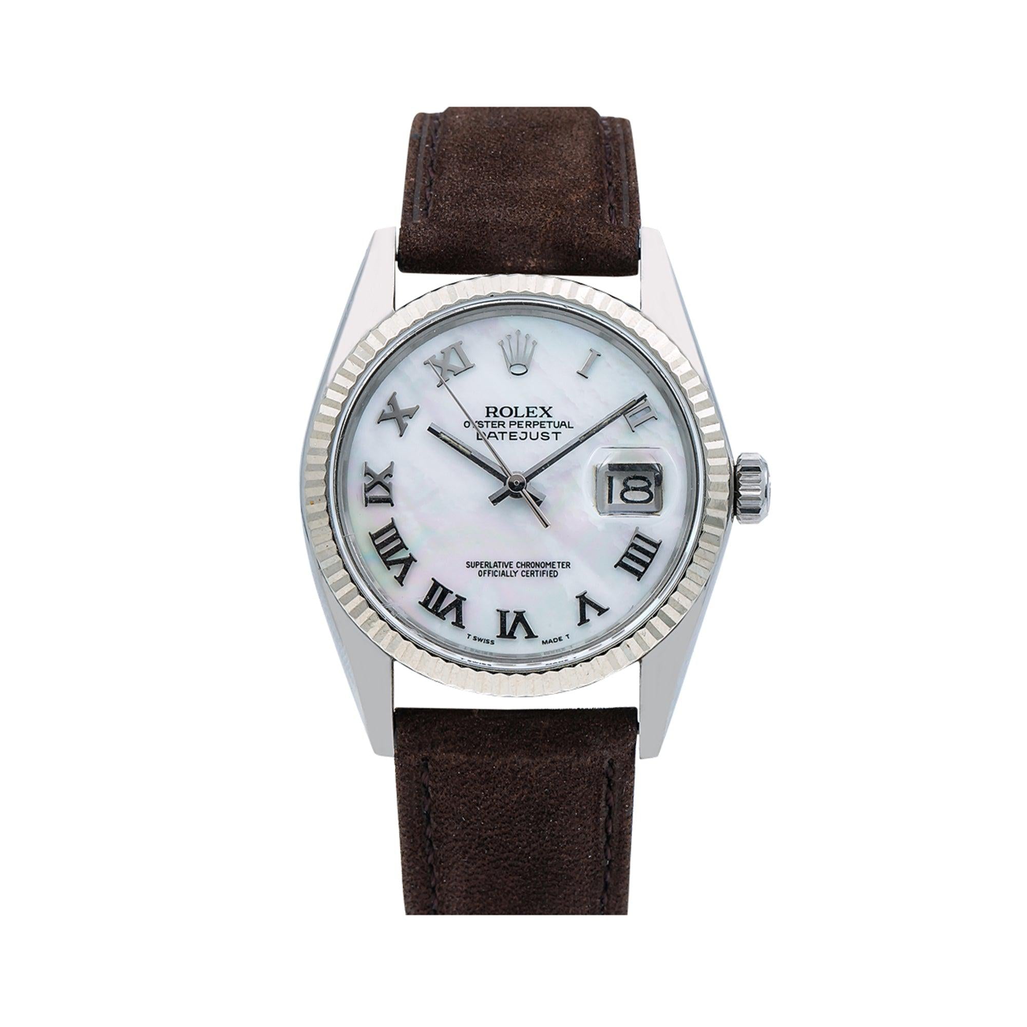 Rolex Datejust White Roman Dial White Gold Fluted Bezel Brown Leather Strap