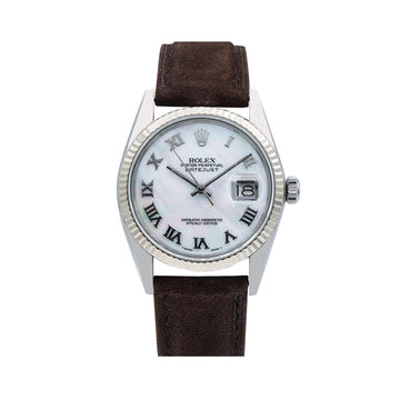 Rolex Datejust White Roman Dial White Gold Fluted Bezel Brown Leather Strap