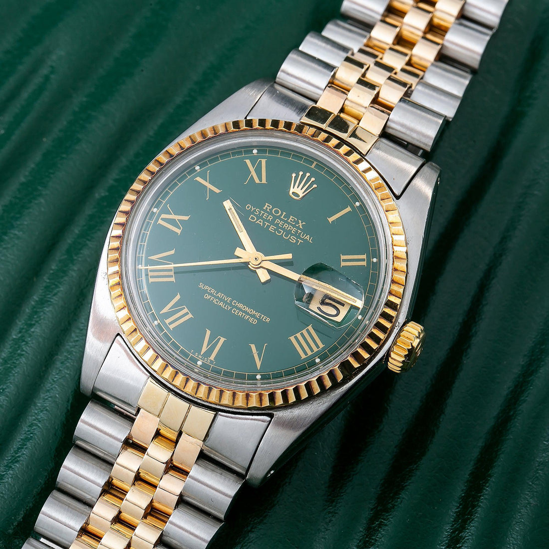 Rolex Datejust Green Roman Dial Yellow Gold Fluted Bezel Two Tone Jubilee Bracelet