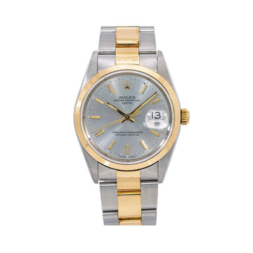 Rolex Date Silver Dial Yellow Gold Smooth Bezel Two Tone Oyster Bracelet