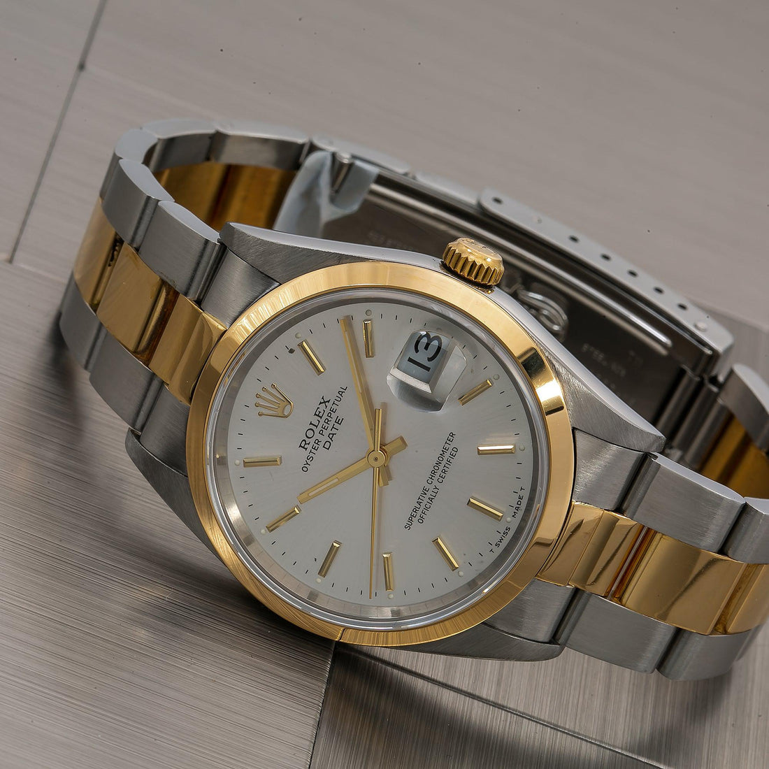 Rolex Date Silver Dial Yellow Gold Smooth Bezel Two Tone Oyster Bracelet