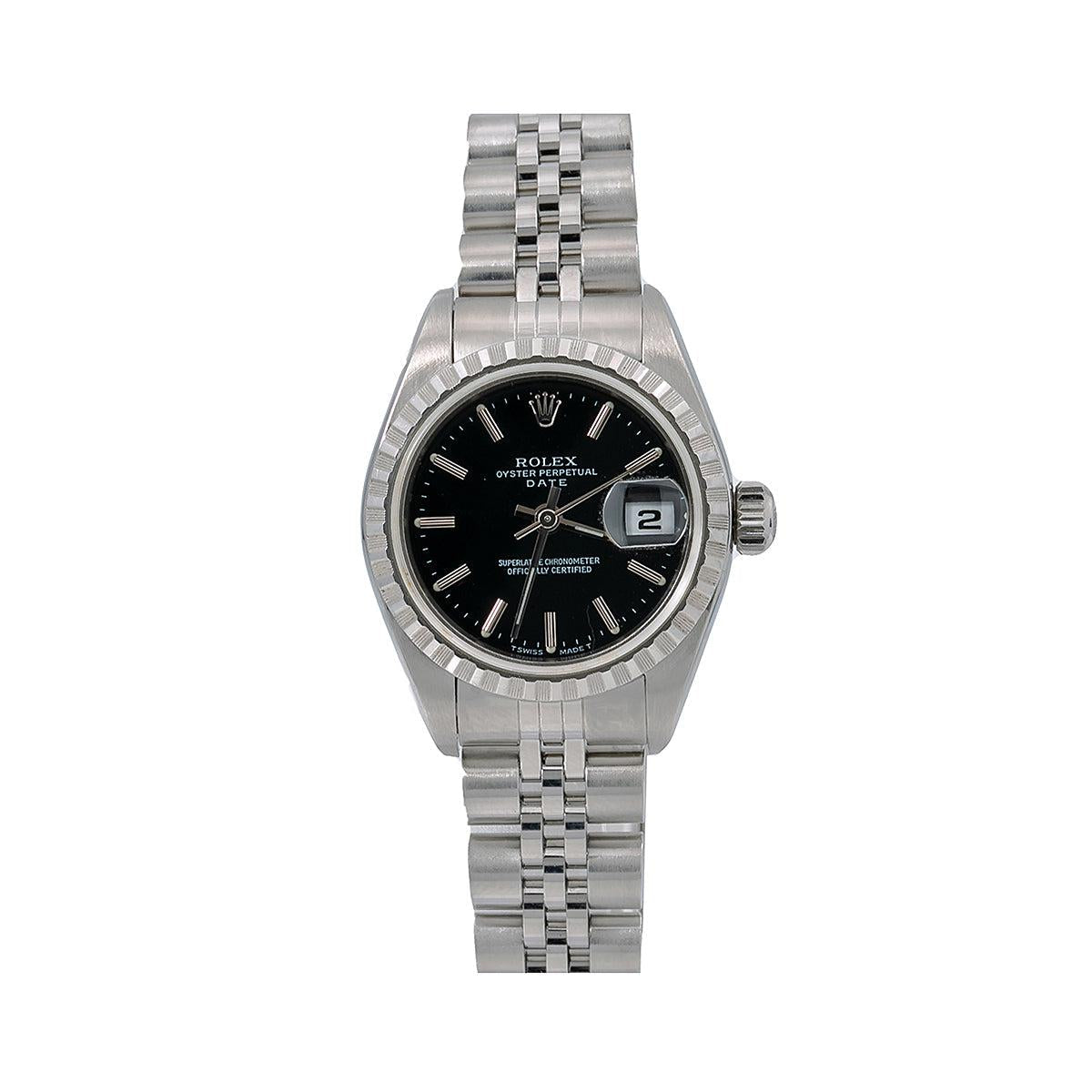 Rolex Date Black Dial Engine Turned Bezel Stainless Steel Jubilee Bracelet