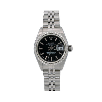 Rolex Date Black Dial Engine Turned Bezel Stainless Steel Jubilee Bracelet
