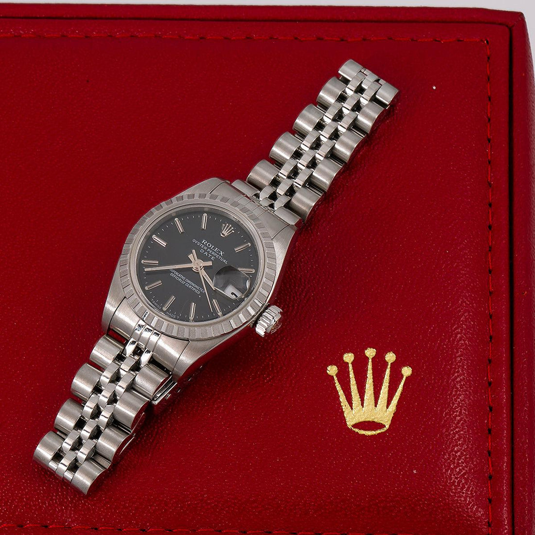Rolex Date Black Dial Engine Turned Bezel Stainless Steel Jubilee Bracelet
