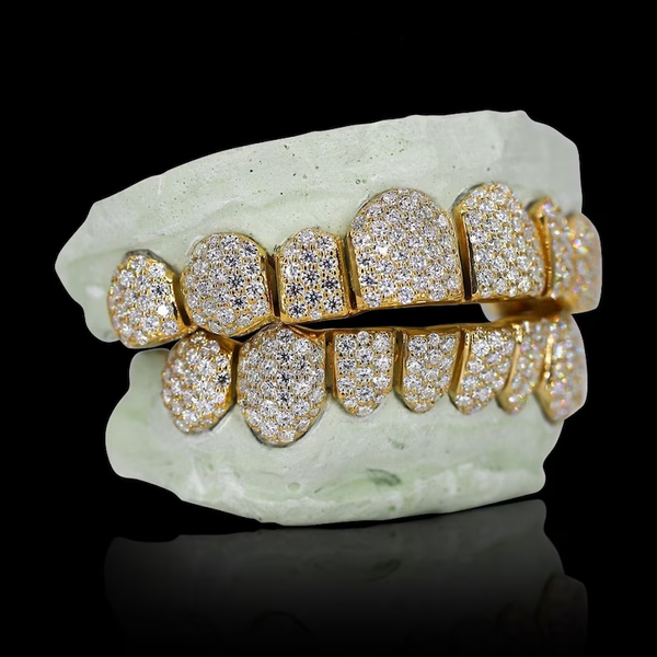 Fully Iced Out Enhanced VVS1 Clarity Moissanite Diamond Iced Out Teeth Grillz Hip Hop Jewelry in 925 Sterling Silver Custom Size