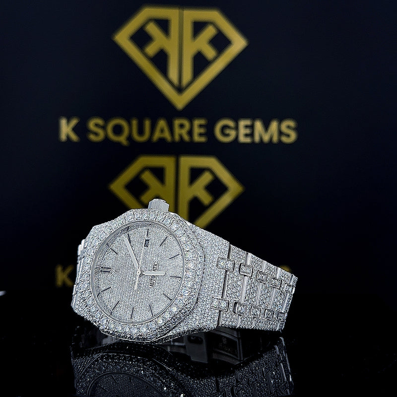 Attractive Stainless Steel Mens Round Watch Full Iced Moissanite Diamond with Enhance VVS Clarity Custom Wrist Wear