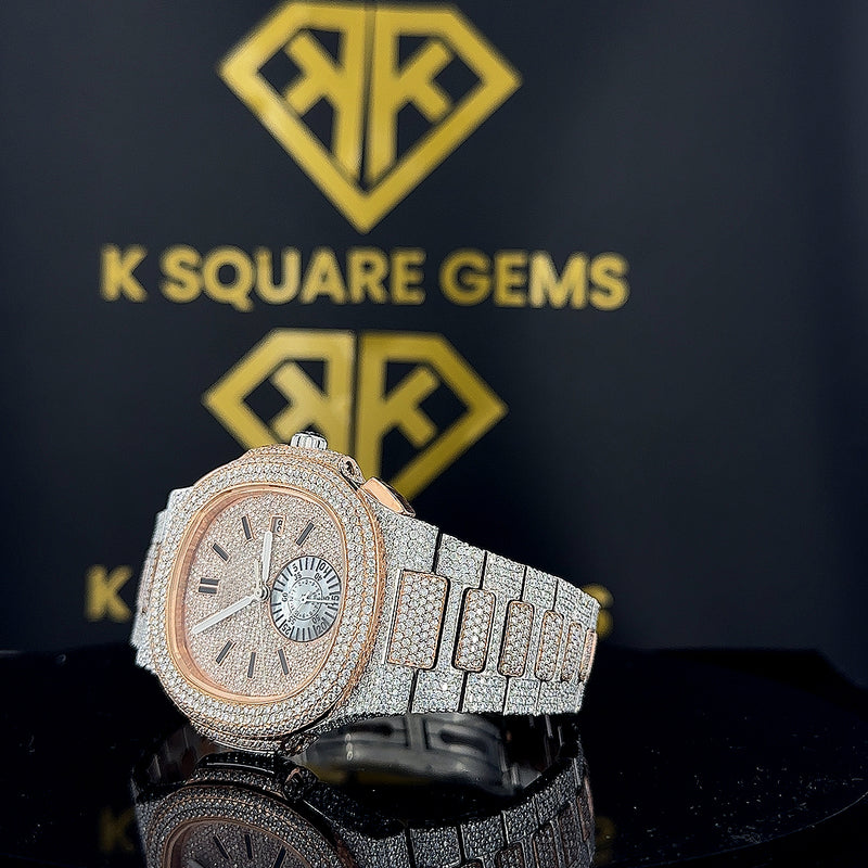 Stylish Men's Stainless Steel Watch Custom Hip Hop Bling Design VVS Clarity Cut Moissanite Diamond High Quality Day Wood