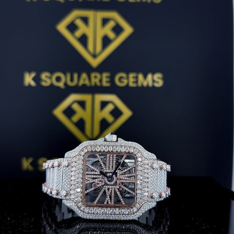 High Quality Luxury Custom Full Iced Moissanite Diamond Hip Hop Mechanical watch in Stainless Steel trendy watches