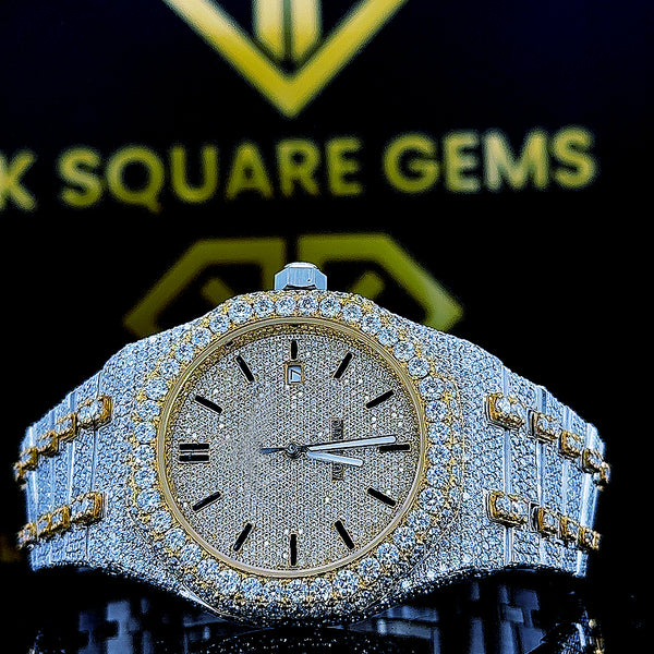 Trending Roman Numbaric Dial Fully Iced Out Vvs Moissanite Two Tone Wrist Watch Top Quality Bling For Men's