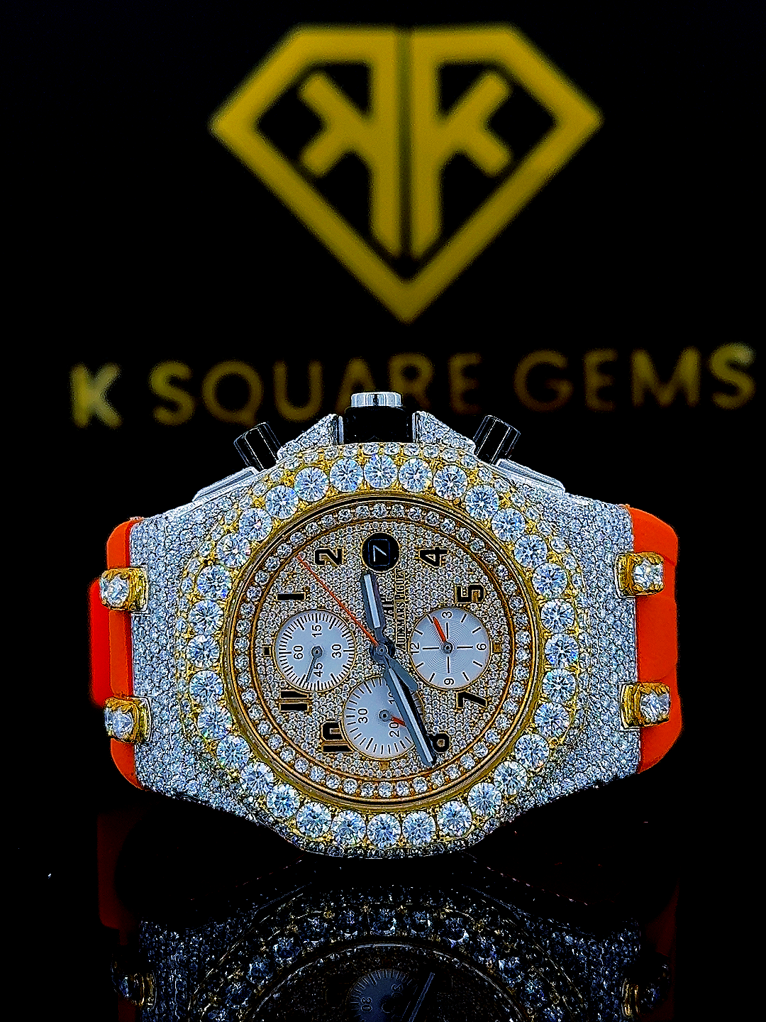 AP Chronograph Orange Rubber Strap Moissanite Diamond Watch Front View