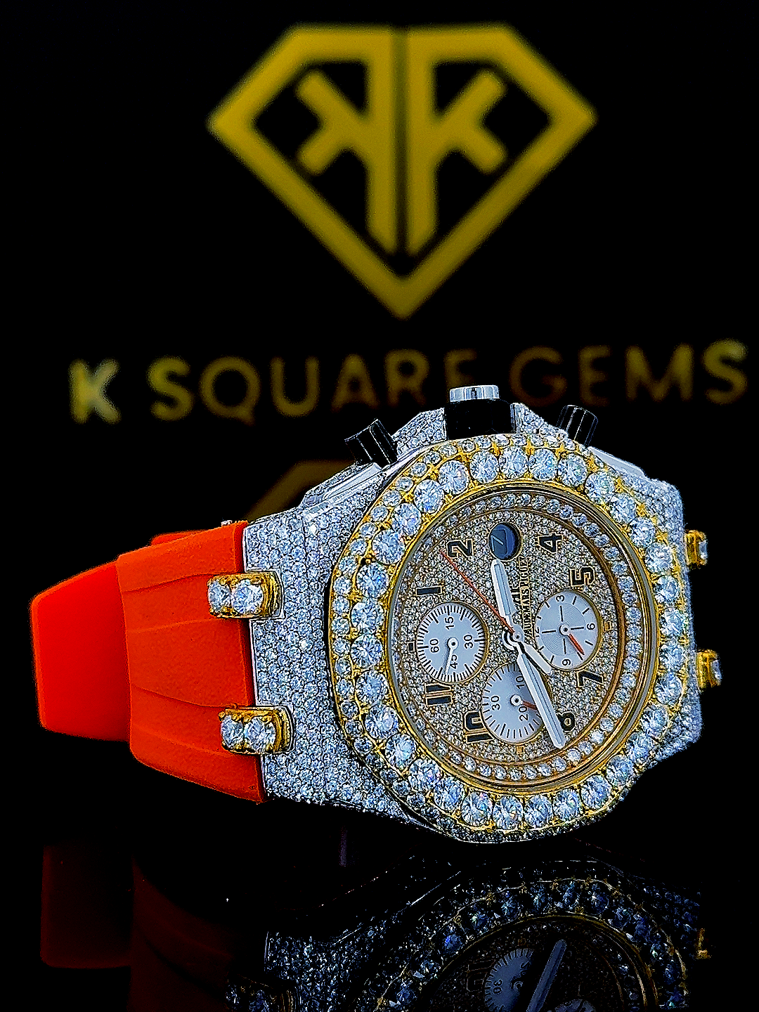 AP Chronograph Orange Rubber Strap Moissanite Diamond Watch Front View