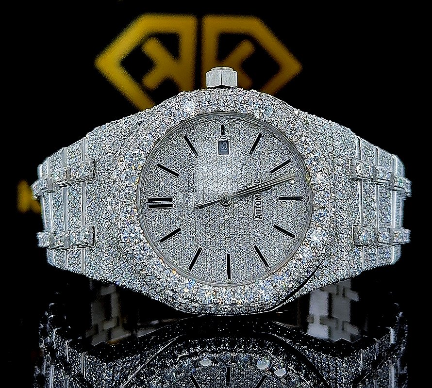 AP Iced Out Black Stick Dial Moissanite Diamond Watch Front View