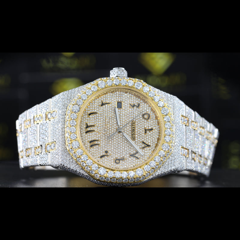 AP Royal Oak Two Tone Yellow Gold Arabic Dial Moissanite Diamond Watch Front View