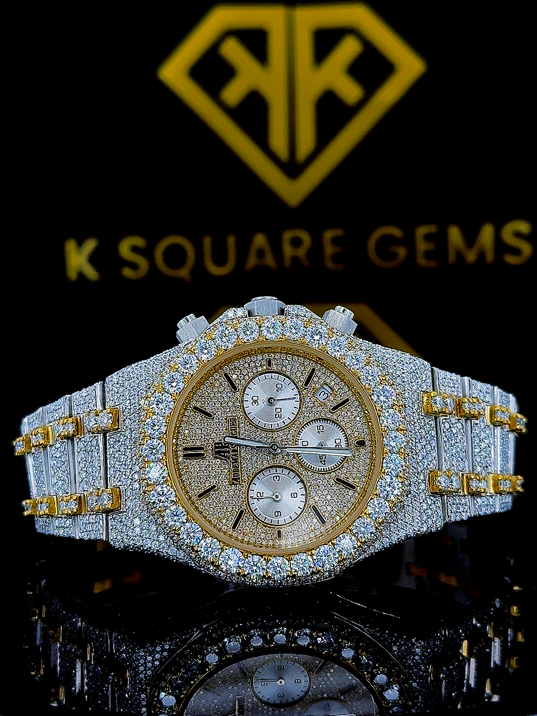 AP Two Tone Yellow Gold Iced Out Chronograph Moissanite Diamond Watch Front View