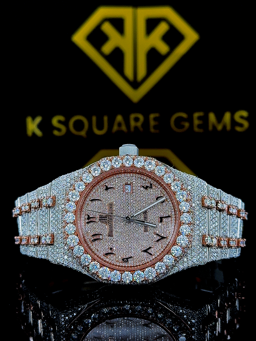 Bust Down AP Arabic Numerals Rose Gold Moissanite Diamond Watch Front View