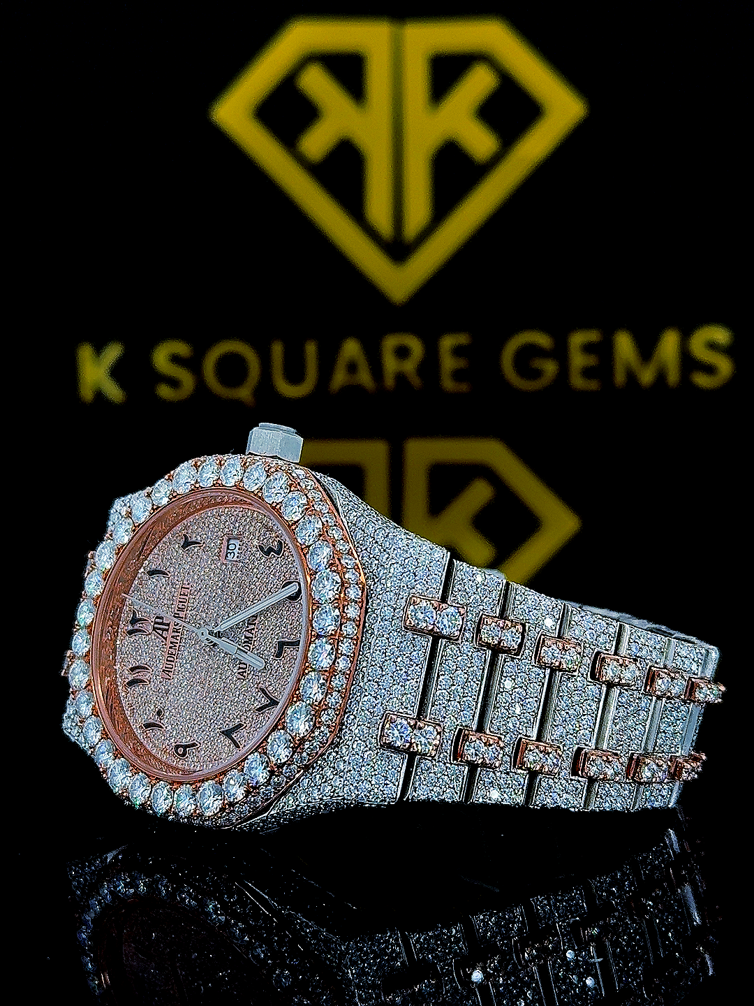 Bust Down AP Arabic Numerals Rose Gold Moissanite Diamond Watch Front View