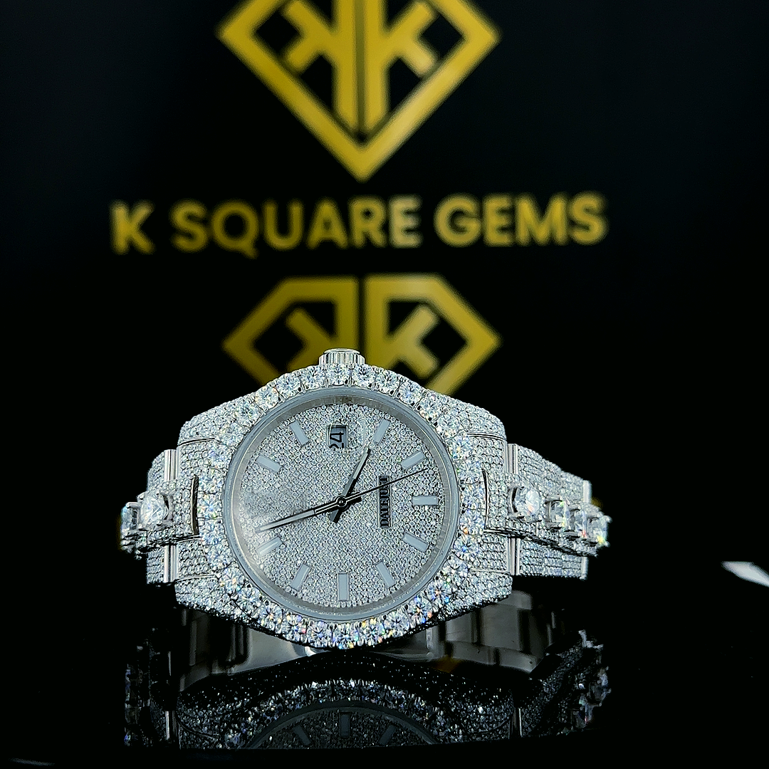 Front view of Bust Down White Dial Rolex Datejust Moissanite Diamond Watch
