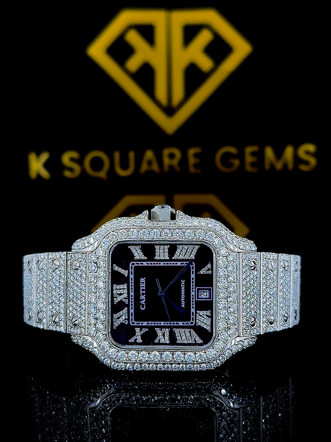 Cartier Purple Dial Iced Out Moissanite Diamond Watch Front View