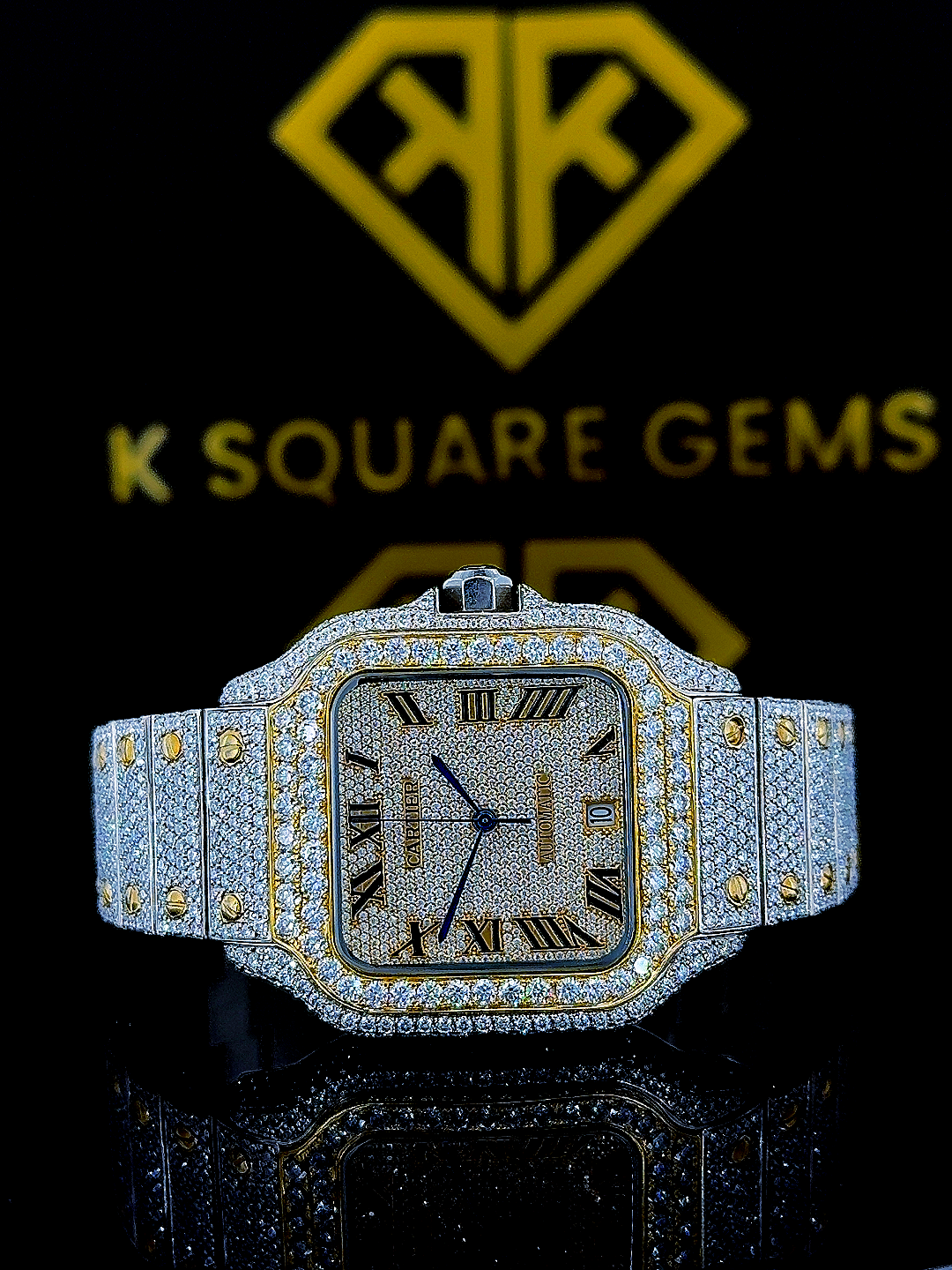 Cartier Roman Numerals Dial Two Tone Iced Out Moissanite Diamond Watch Front Close View