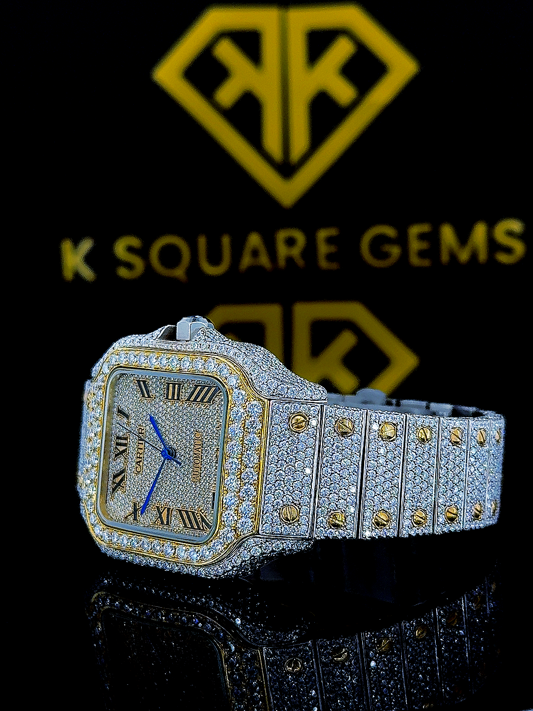 Cartier Roman Numerals Dial Two Tone Iced Out Moissanite Diamond Watch Front Close View