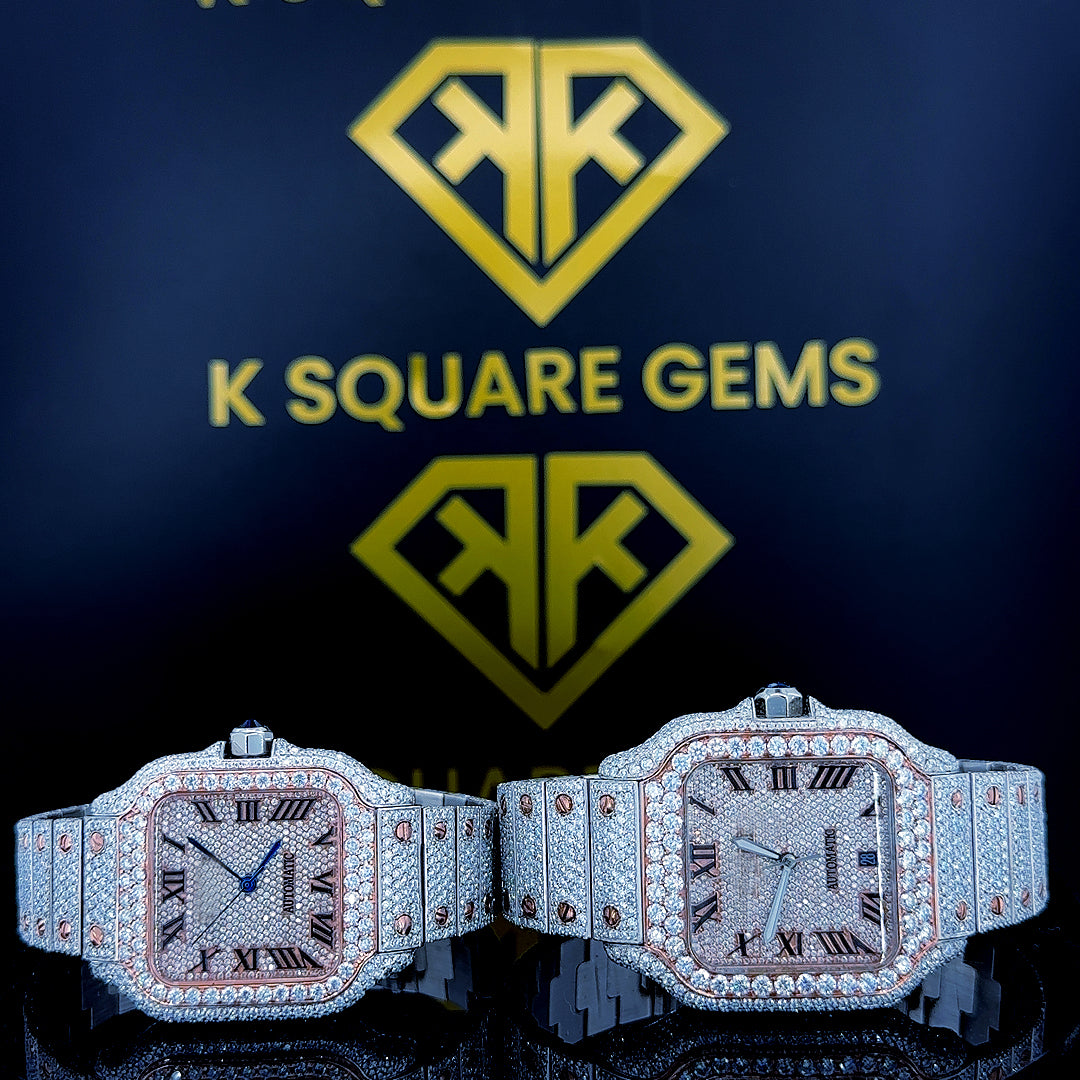 Cartier Santos Couple’s Iced Out Roman Dial Watches Front View