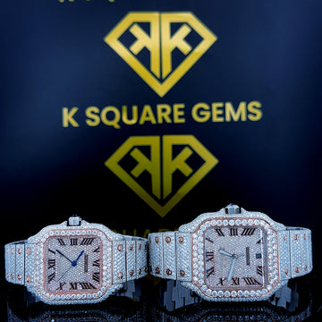Cartier Santos Couple’s Iced Out Roman Dial Watches Front View