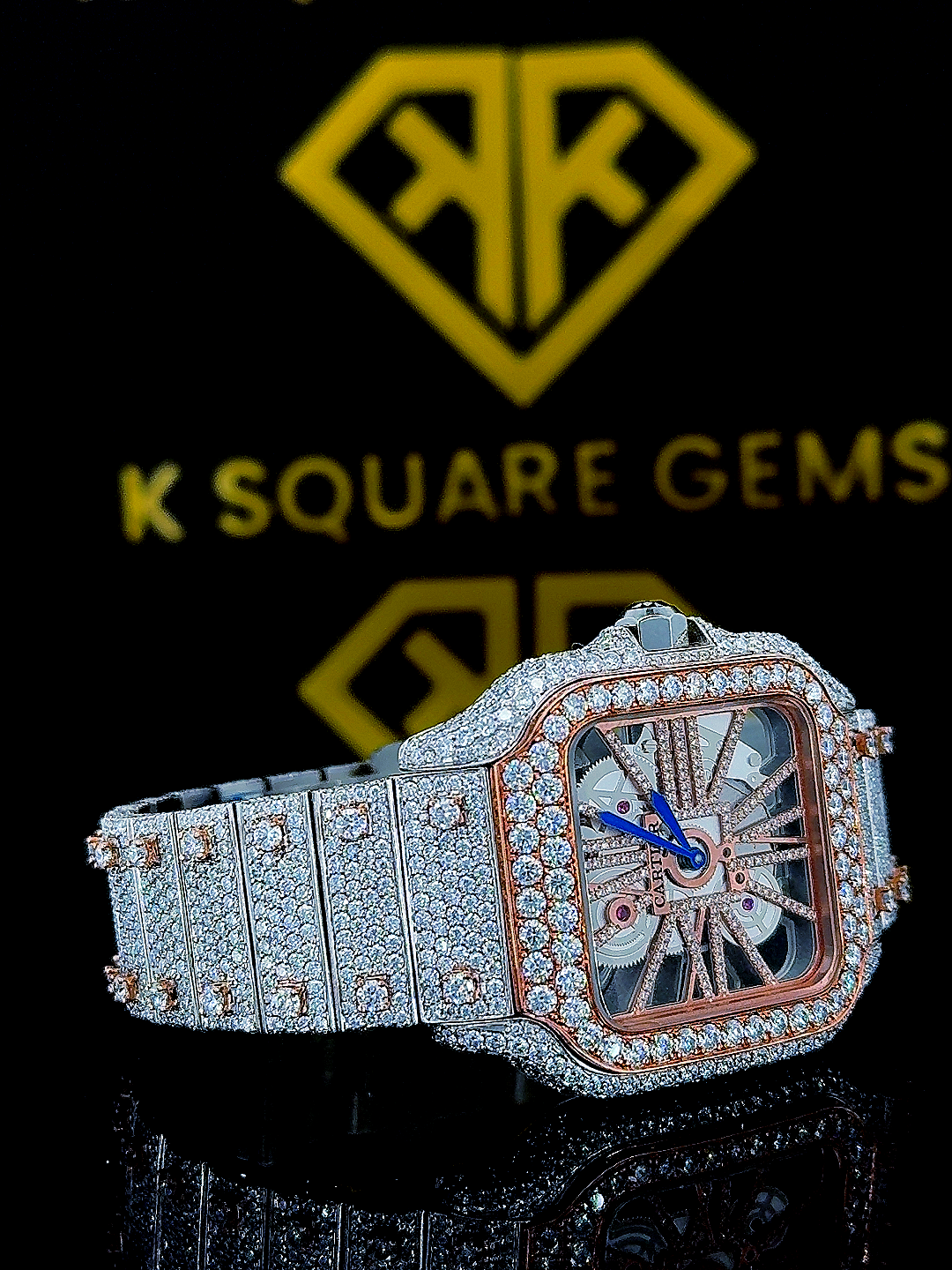 Cartier Two Tone Rose Gold Skeleton Dial Moissanite Diamond Watch Front View