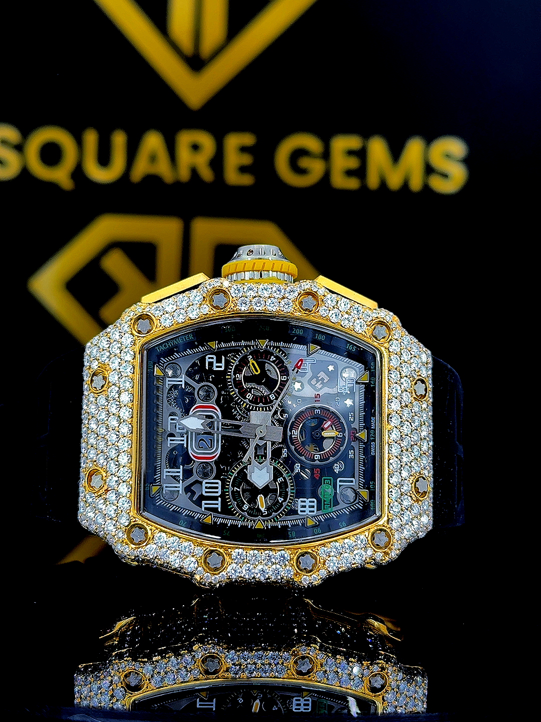 Chronograph RM Rubber Strap Yellow Gold Moissanite Diamond Watch Front View