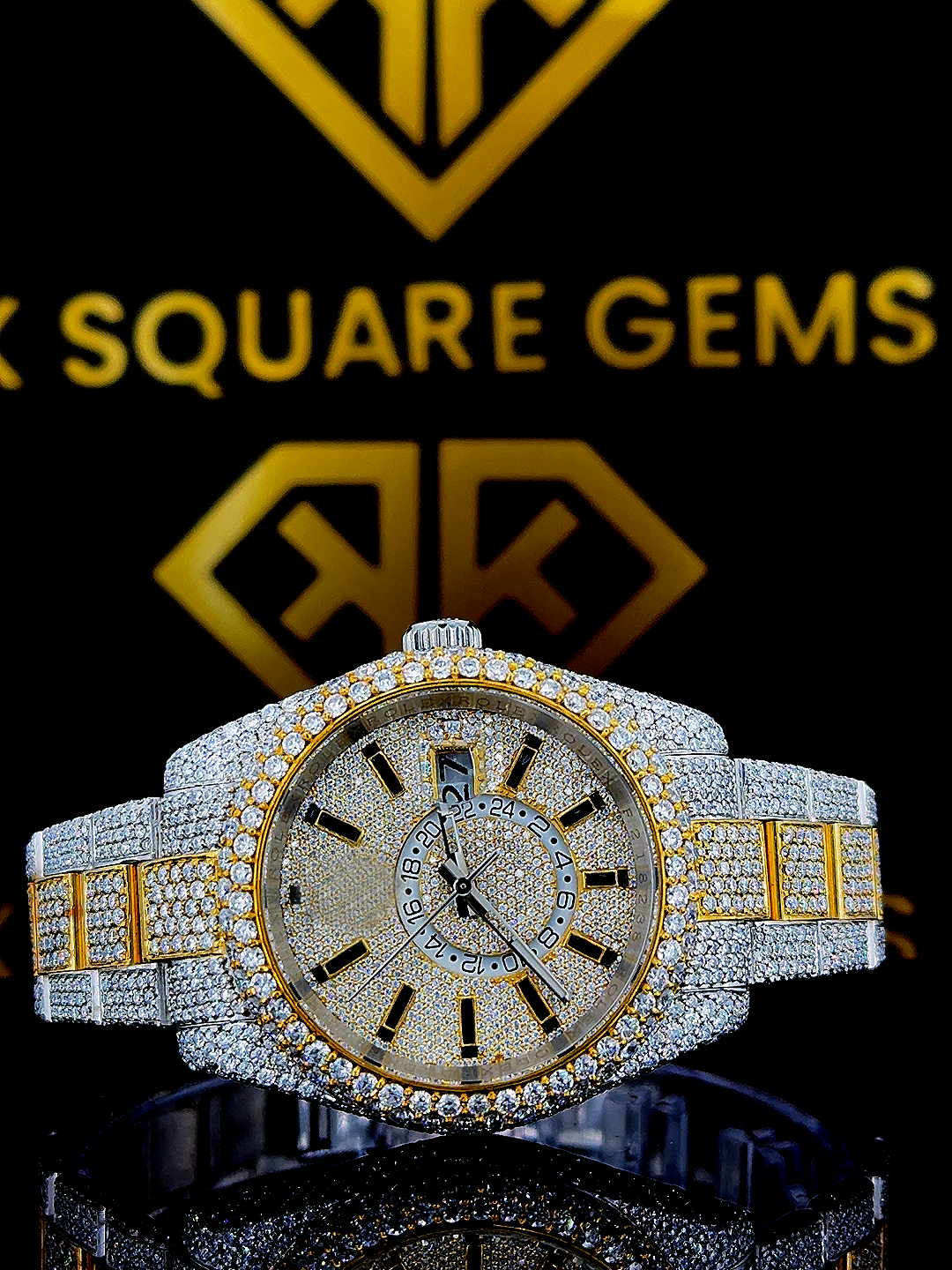 Front view of Two Tone Yellow Dial Rolex Moissanite Diamond Watch
