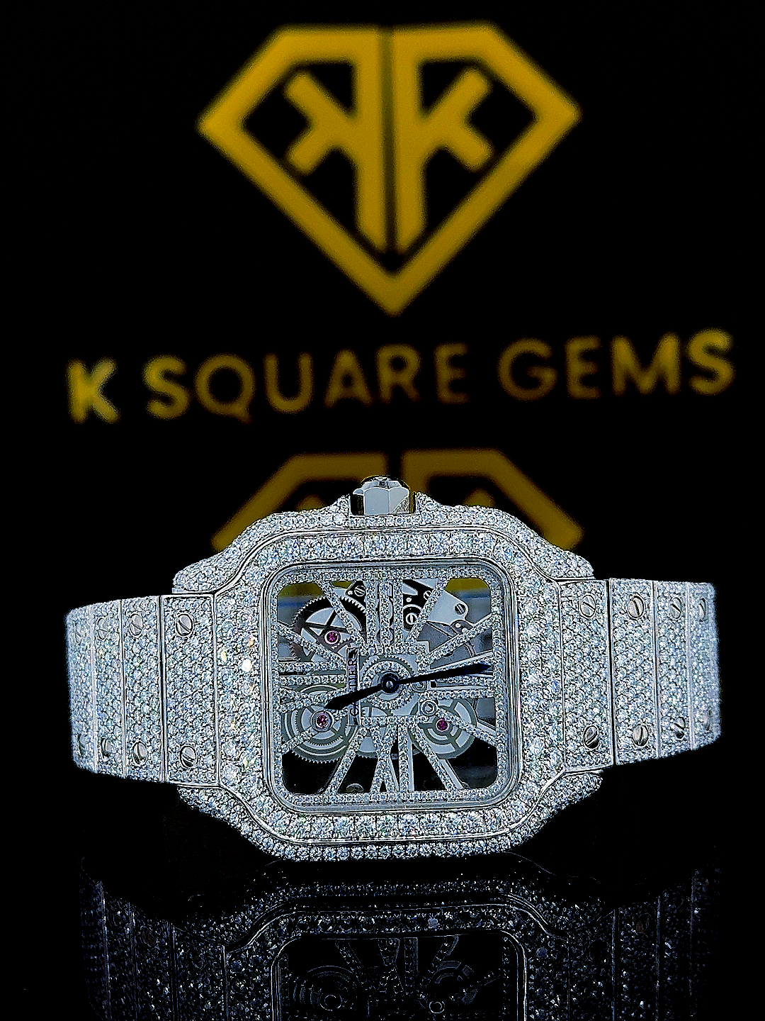 Fully Bust Down Cartier Skeleton Dial Moissanite Diamond Watch Front View