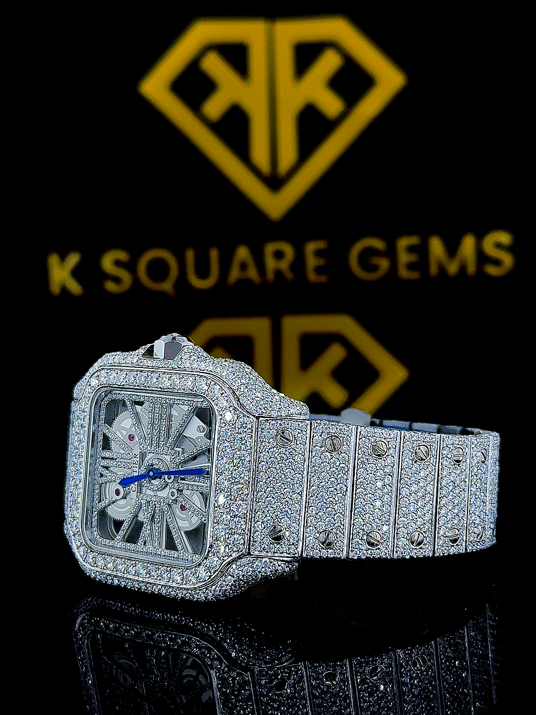 Fully Bust Down Cartier Skeleton Dial Moissanite Diamond Watch Front View