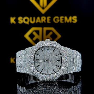Iced Out Patek Style Moissanite Diamond Studded Watch Front View