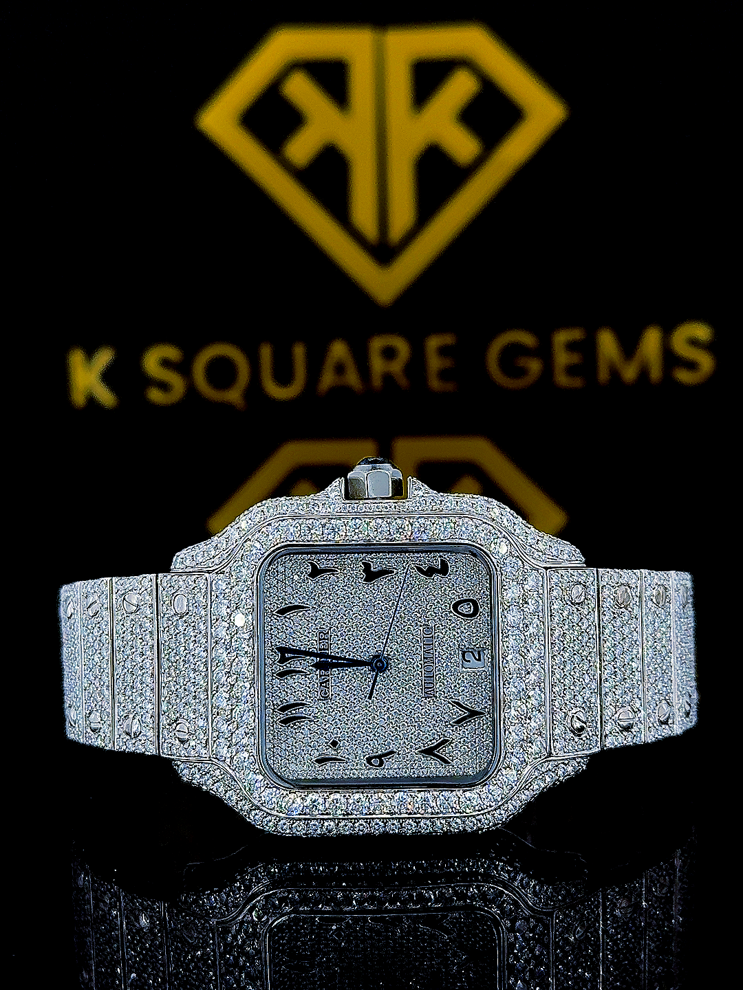 Iced Out Santos Arabic Numerals Dial Moissanite Diamond Watch Front View