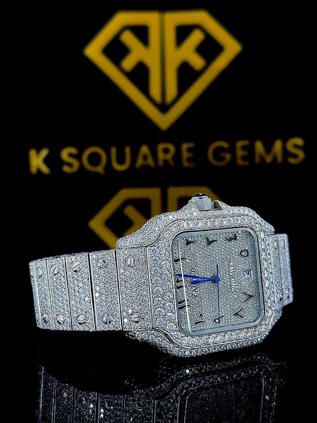Iced Out Santos Arabic Numerals Dial Moissanite Diamond Watch Front View