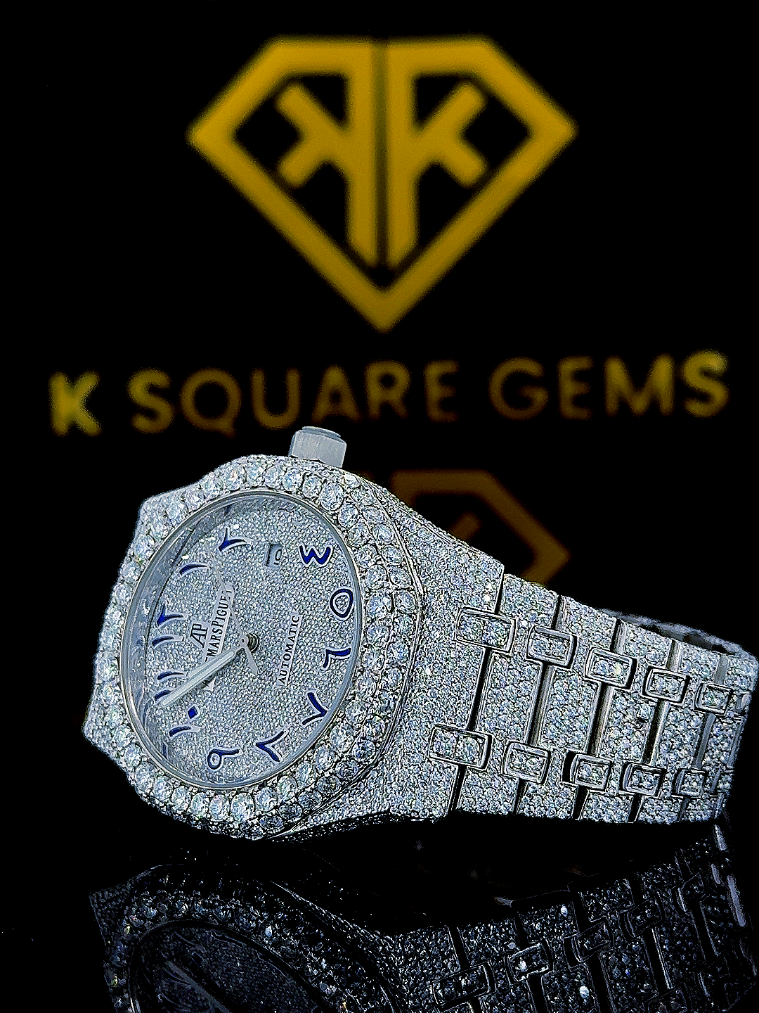 Close up front view of Royal Oak Fully Iced Out Moissanite Diamond Watch Blue Arabic Dial