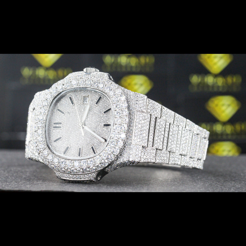 Men's Wrist Moissanite Studded Watch Moissanite Diamond Watch, Iced out Bust Down Gift for Him