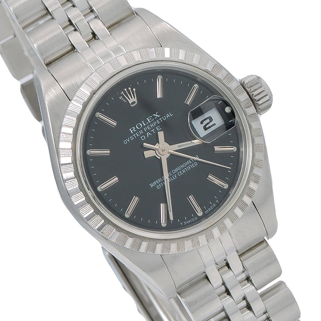 Rolex Date Black Dial Turned Bezel Stainless Steel Watch Front View